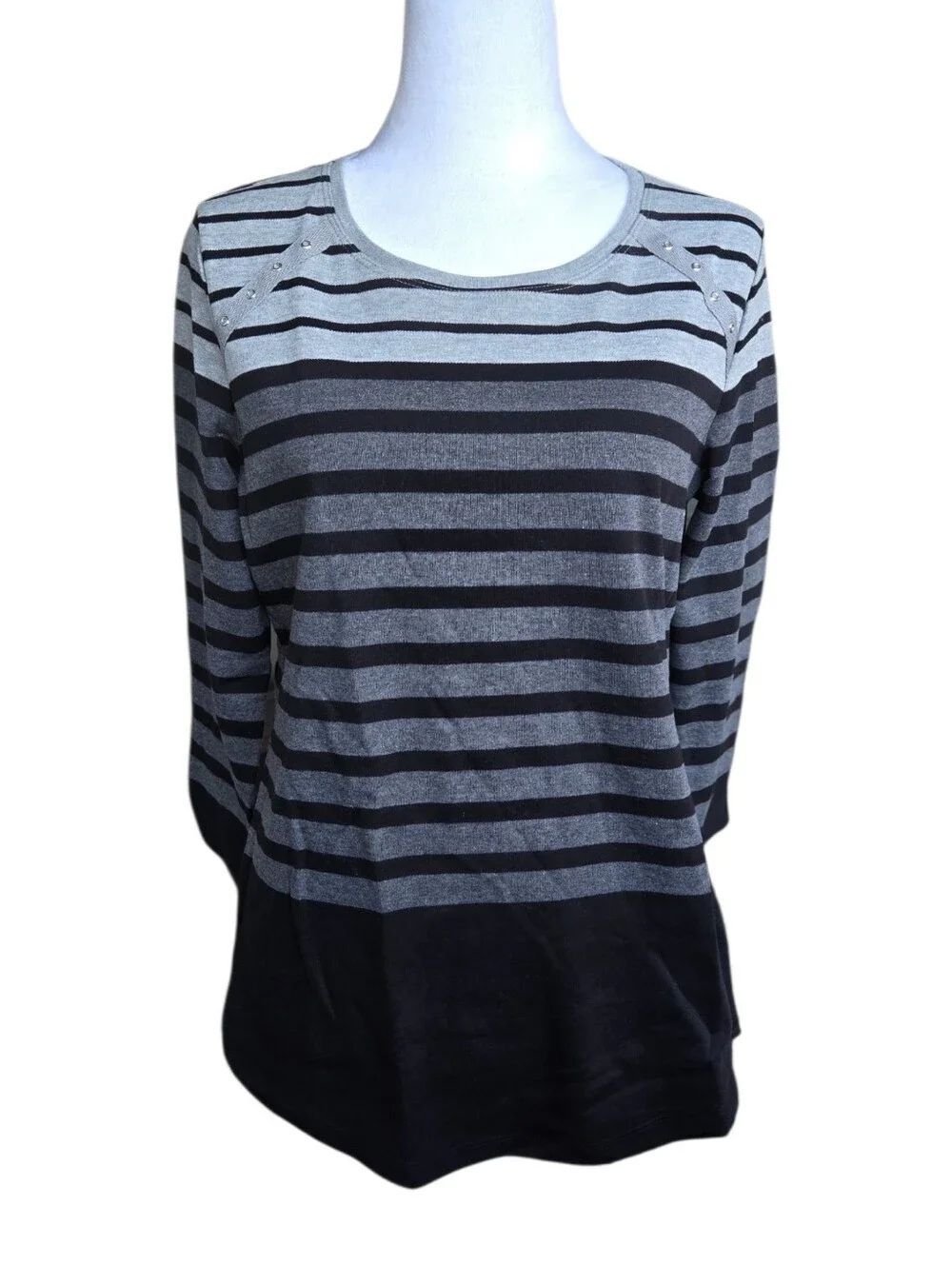 Karen Scott Sport Women's Size Small Black/Grey Colorblock Striped Blouse